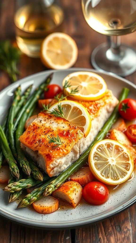 Lemon dill baked salmon fillets garnished with dill and lemon slices, served with roasted asparagus and cherry tomatoes.